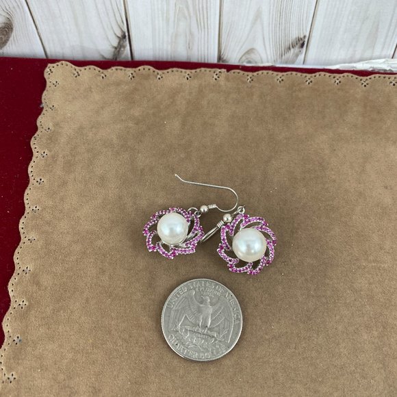 10MM Natural Fresh Water Pearls with Halo Set Rubies set in 925 Silver Earrings - Picture 4 of 5